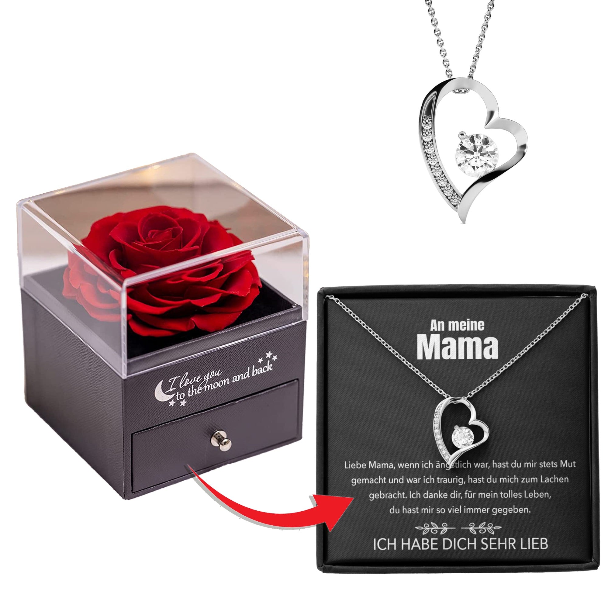 An meine Mama - Rosenbox - Weißgold Ausführung Herz Halskette