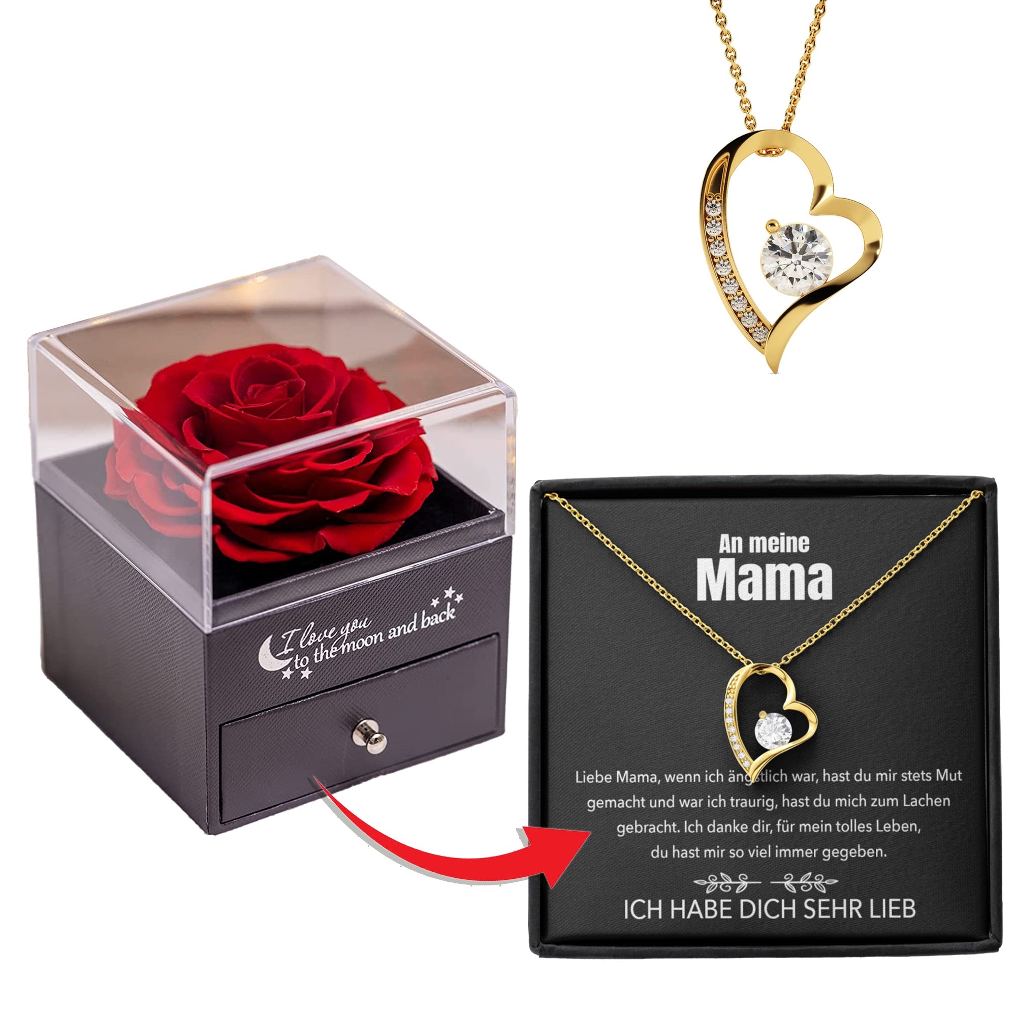 An meine Mama - Rosenbox - Weißgold Ausführung Herz Halskette