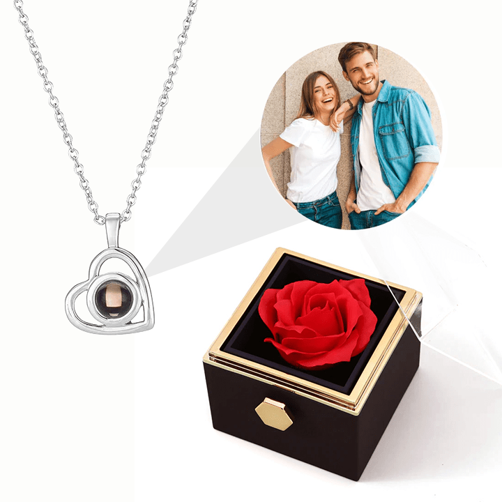 Ewige Rosenbox - Personalisierte Herz Halskette mit Foto & echte Rose