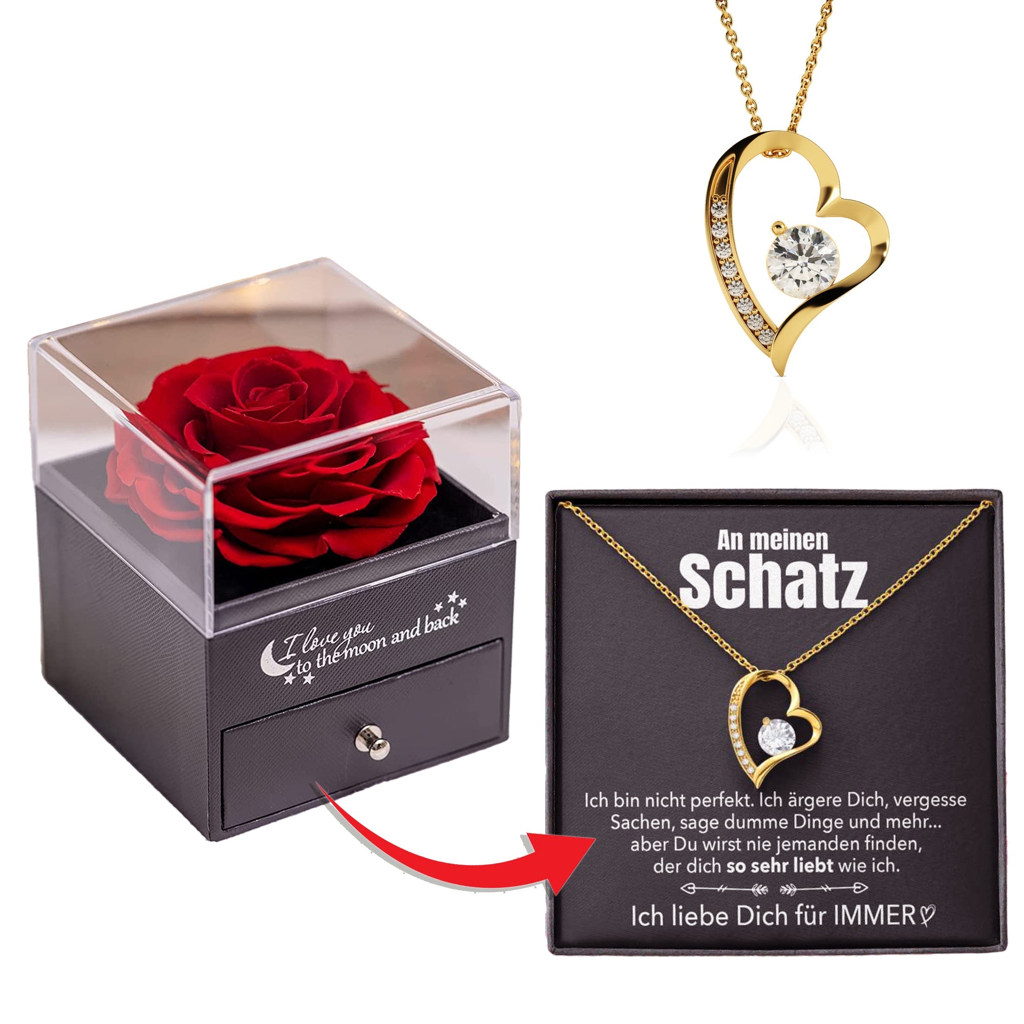Elegante Rosenbox - Weißgold Ausführung Herz Halskette - An meinen Schatz