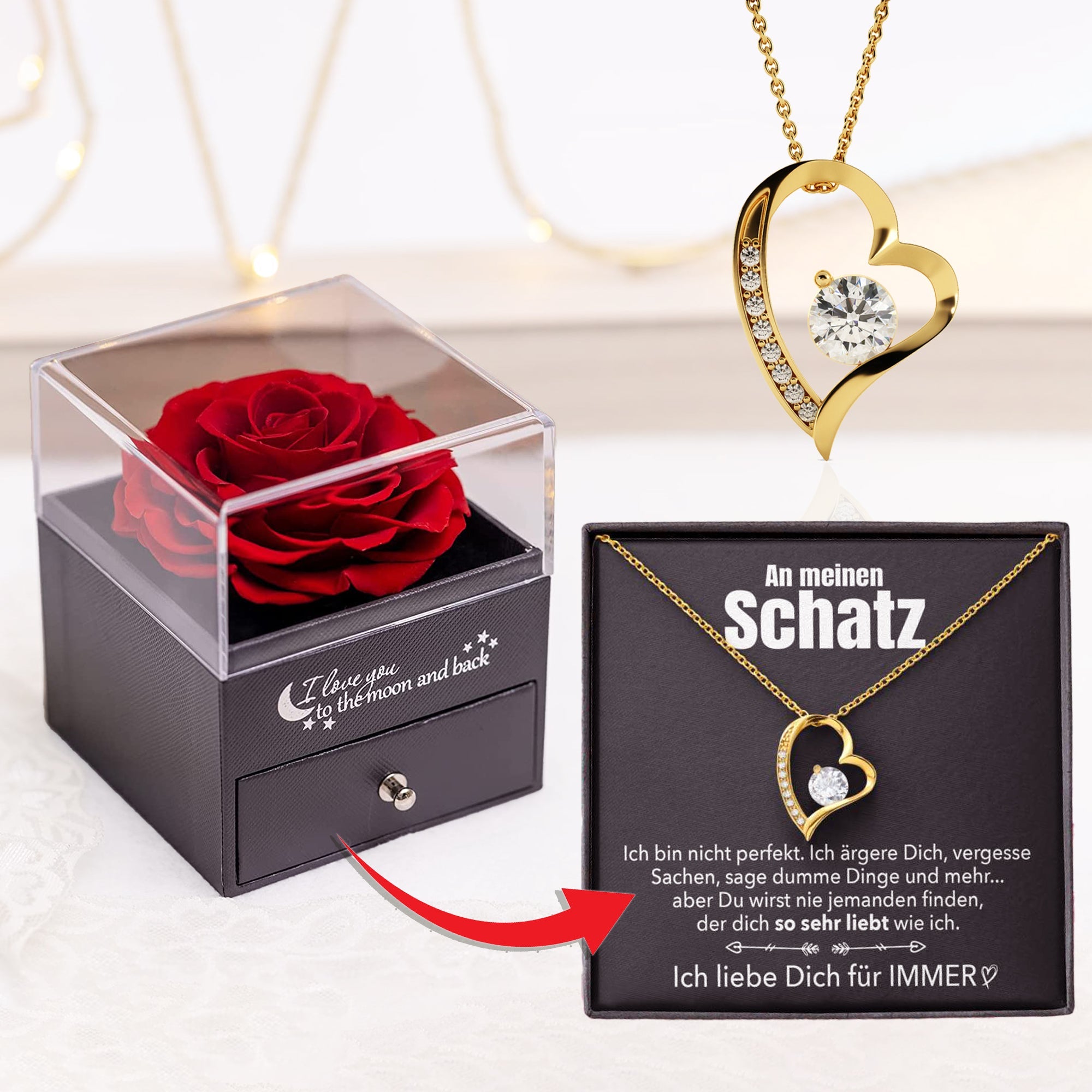 Elegante Rosenbox - Weißgold Ausführung Herz Halskette - An meinen Schatz