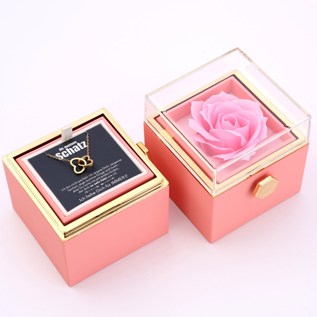 Ewige Rosenbox – mit gravierter Halskette, Liebesnotiz und echter Rose