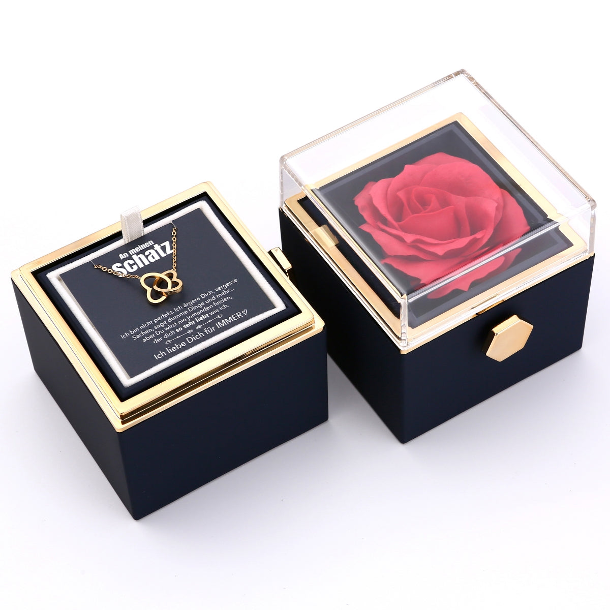 Ewige Rosenbox – mit gravierter Halskette, Liebesnotiz und echter Rose