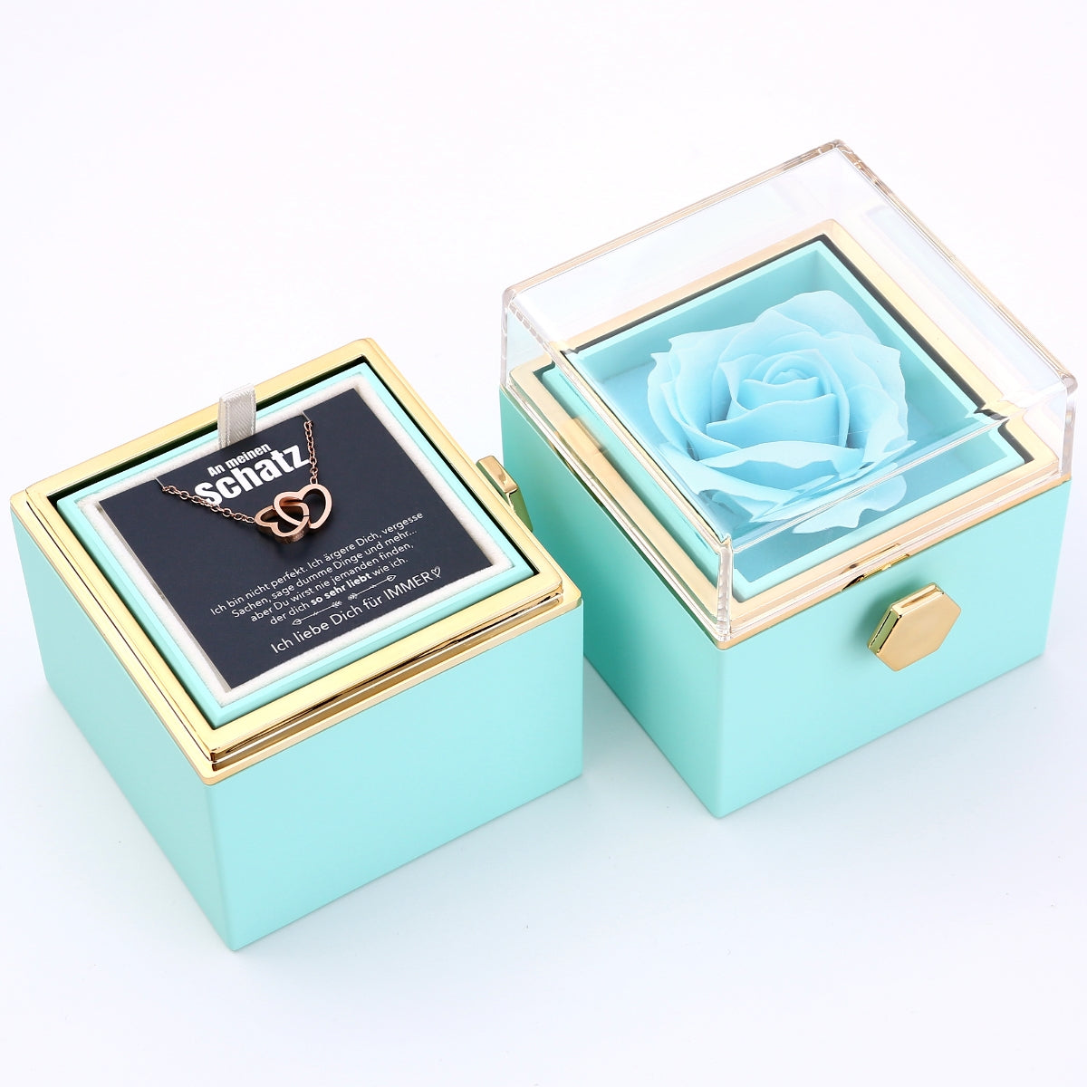Ewige Rosenbox – mit gravierter Halskette, Liebesnotiz und echter Rose