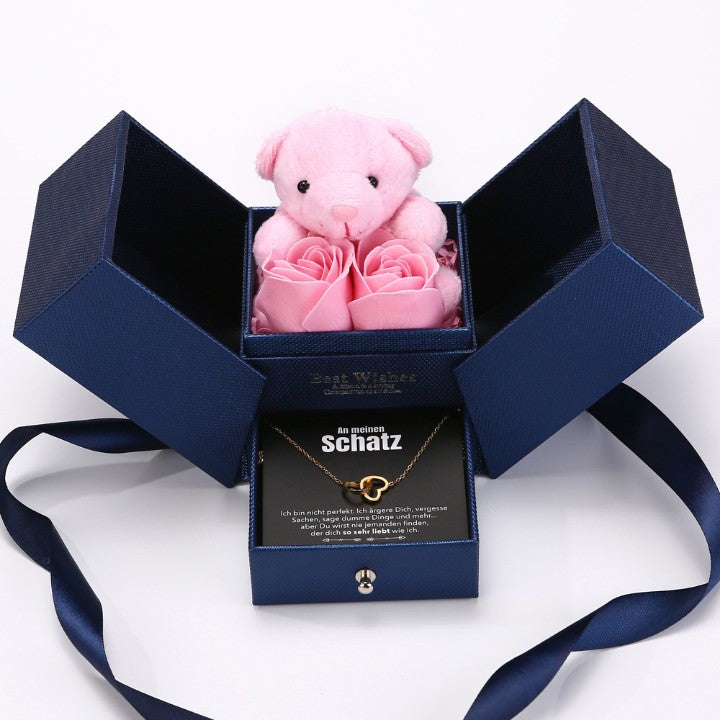Ewige Rosenbär Box - Gravierte Halskette mit Notiz & ewiger Rose