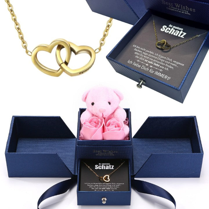 Ewige Rosenbär Box - Gravierte Halskette mit Notiz & ewiger Rose